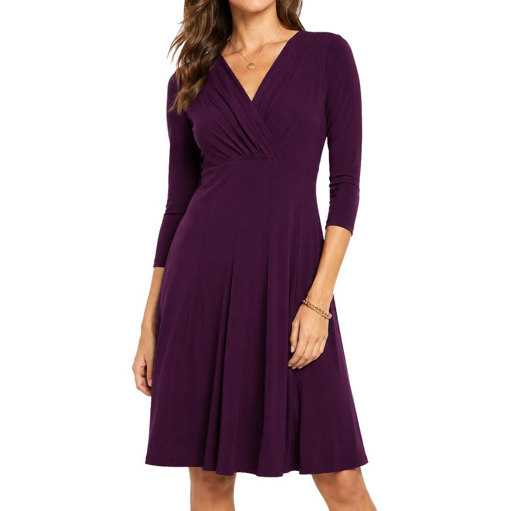 Ralph Lauren Womens Dress 2P Petite Burgundy Ruched V Neck Stretch Fit Flare